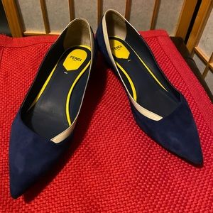 Fendi Navy Blue and Cream Pointed Toe Flats